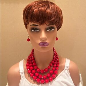 Red Beaded Statement Necklace and Earring Set